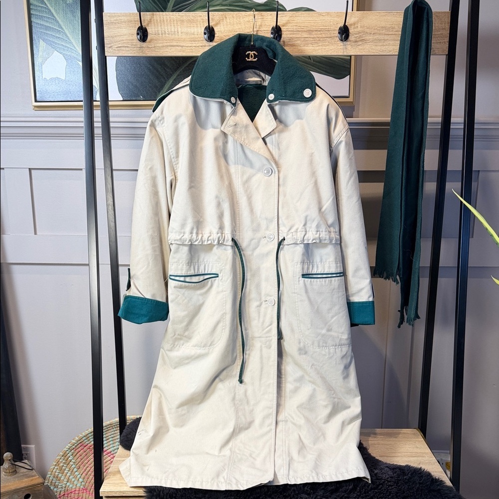 70s Vintage Norbert Nel Trench Coat Khaki Beige with Green Size 10